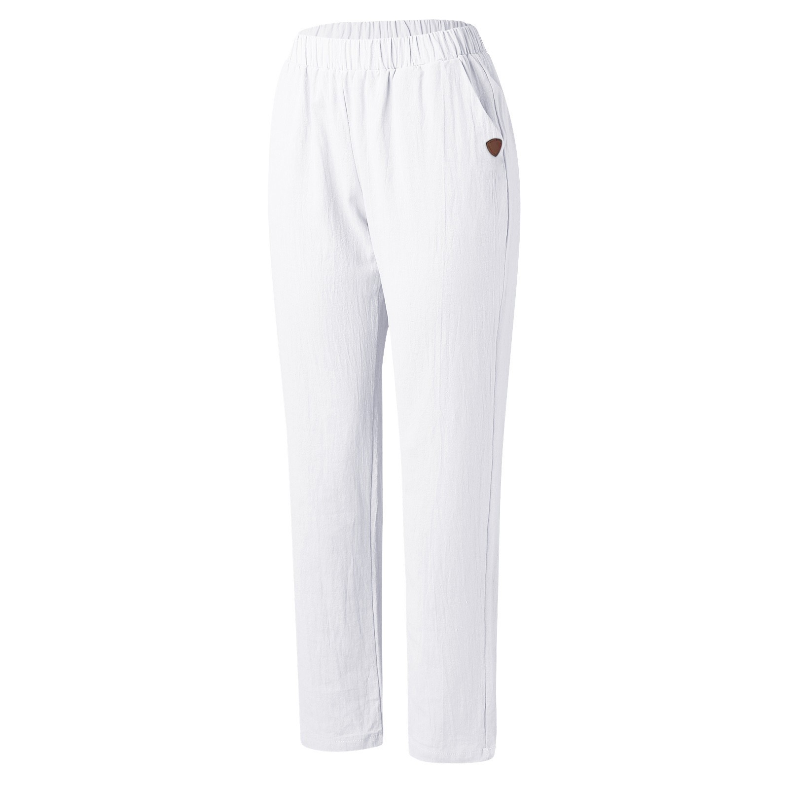 thumbnail image 5 of Pantalones anchos de lino lisos para mujer: cintura elástica, pantalones holgados informales con bolsillos, tejido de poliéster, aptos para el verano, 5 of 8